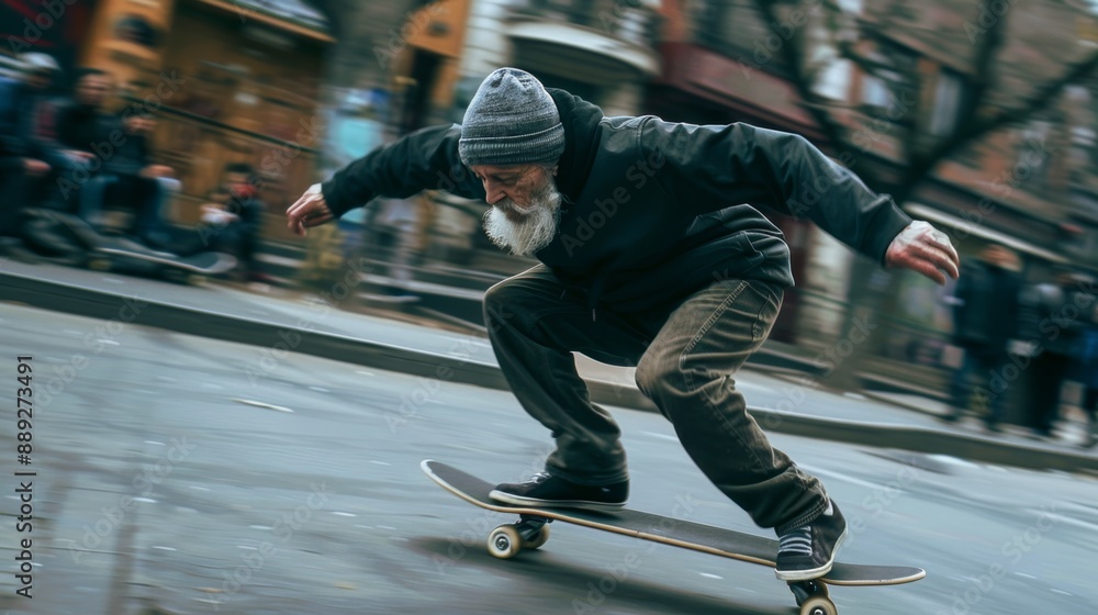 Obraz premium Photo of an old man skateboarding fast outside in the street.