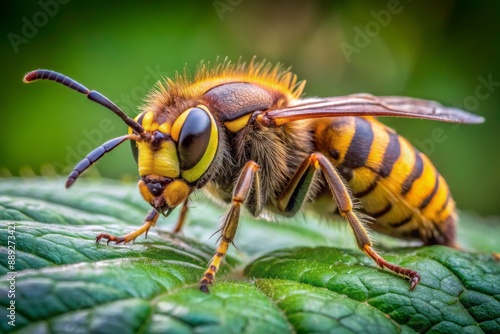 Vibrant yellow and brown striped hornet with fuzzy hair and transparent wings perched on a green leaf, its complex eyes and antennae in sharp focus. photo