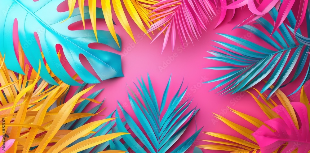 Stylish summer floral pattern background with vibrant palm leaves, sunlight, and shadows Stylish summer floral pattern background with vibrant palm leaves, sunlight, and shadows
