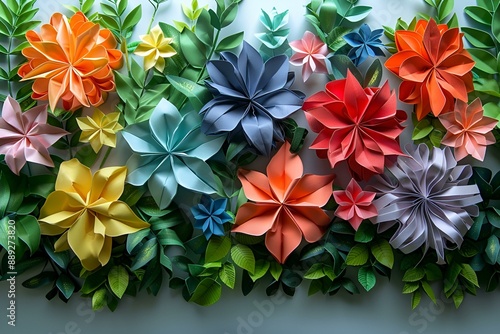 Vibrant paper flowers forming a beautiful row on a wall. © Asif
