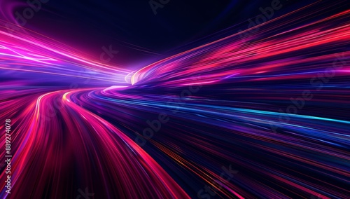 Abstract digital background with glowing light trails and cyberpunk elements, symbolizing fast data transfer speed in the network system of big cities, concept of high-speed internet connection techno photo