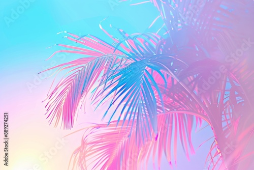 Abstract neon green and mint holographic palm leaves on pink background with interlaced digital motion glitch effect. 90s night club jungle beach summer party retro style flyer template.