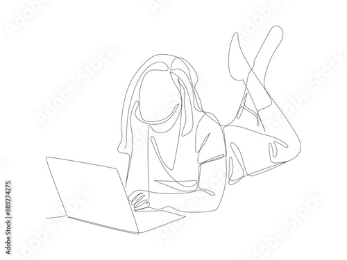 continuous line drawing of woman is playing a laptop, Continuous line draw design graphic vector illustration.