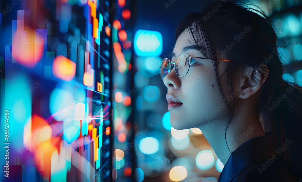 A business woman from Asia is looking at stock market charts and graphs on a digital screen A business woman from Asia is looking at stock market charts and graphs on a digital screen