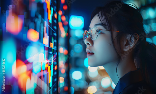 A business woman from Asia is looking at stock market charts and graphs on a digital screen