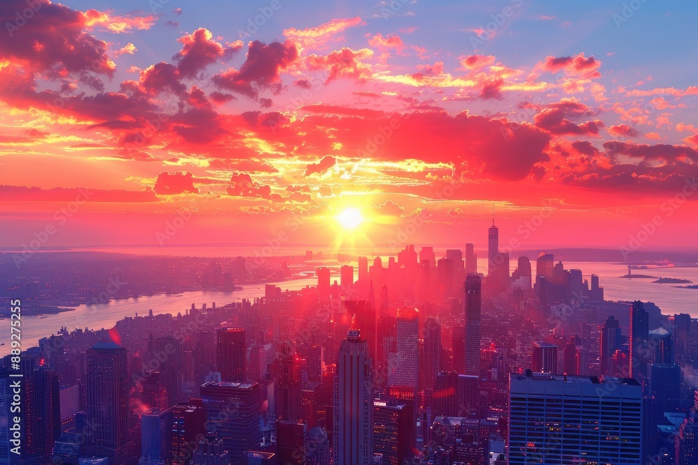 Fototapeta premium Breathtaking cityscape view of a setting sun over a vibrant urban skyline