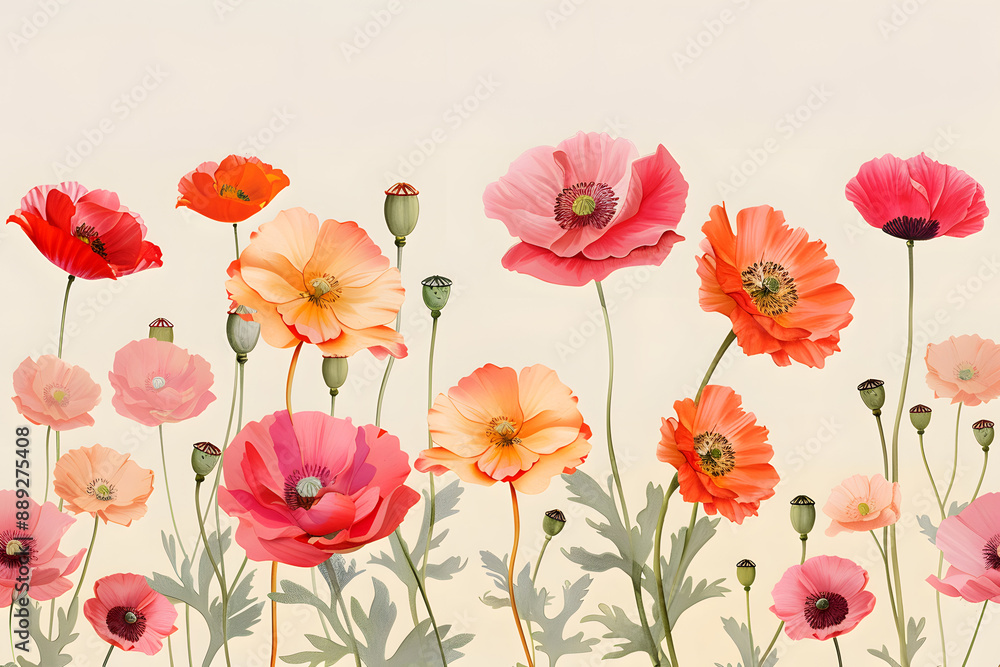 Vibrant Poppy Blossoms: Floral Illustration Vibrant Poppy Blossoms: Floral Illustration