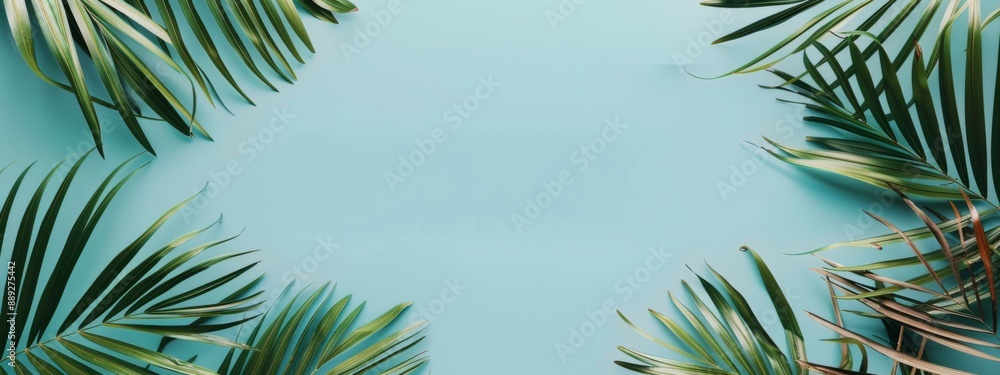 A tropical palm leaf on a pastel turquoise background. A flat lay with copy space. A top view of a green leaf printed on pastel paper. A tropical palm leaf on a pastel turquoise background. A flat lay with copy space. A top view of a green leaf printed on pastel paper.