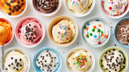 A row of colorful ice cream bowls with various toppings © Napat.T