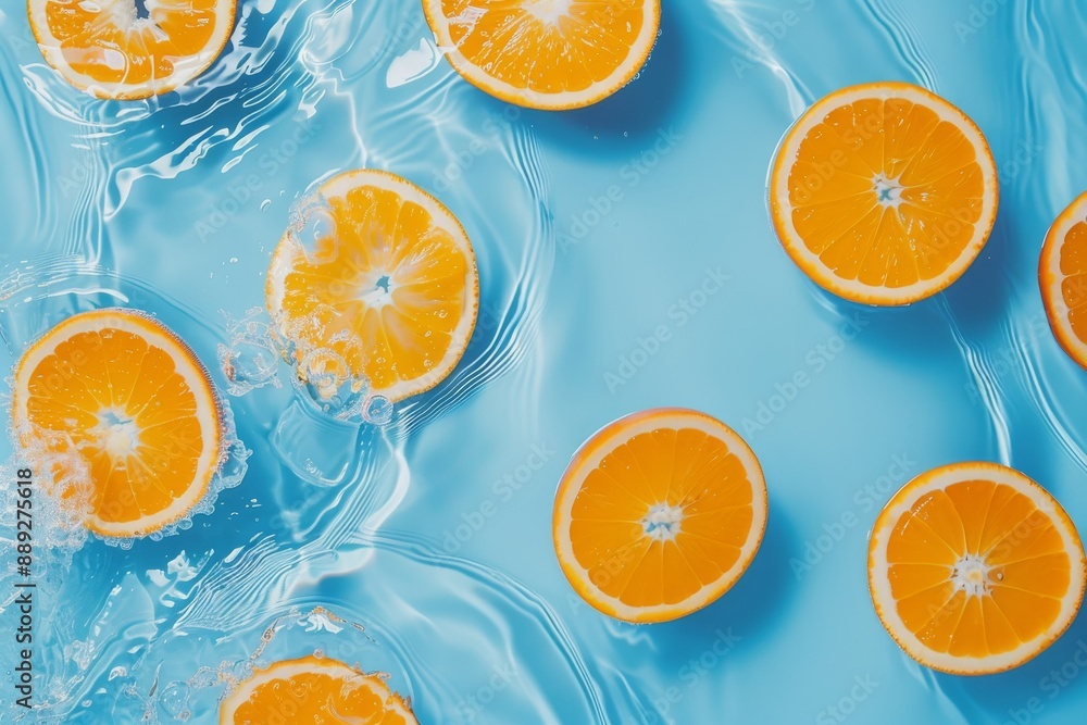 With orange fruit slices floating in swimming pool water. Summer background with copy space. With orange fruit slices floating in swimming pool water. Summer background with copy space.