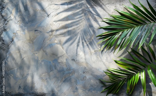 The shadow of tropical leaves on a white background is cast by leaves over a grey table