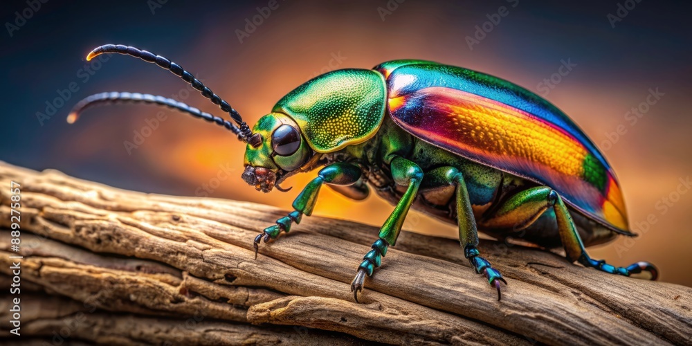 Vibrant close-up portrait of a majestic butterfly beetle perched on a twisted root in a studio setting, with ample copy space on the right side. Vibrant close-up portrait of a majestic butterfly beetle perched on a twisted root in a studio setting, with ample copy space on the right side.