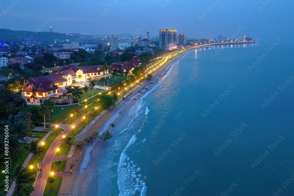 Fototapeta premium Scenic aerial view of cityscape and beach at dusk