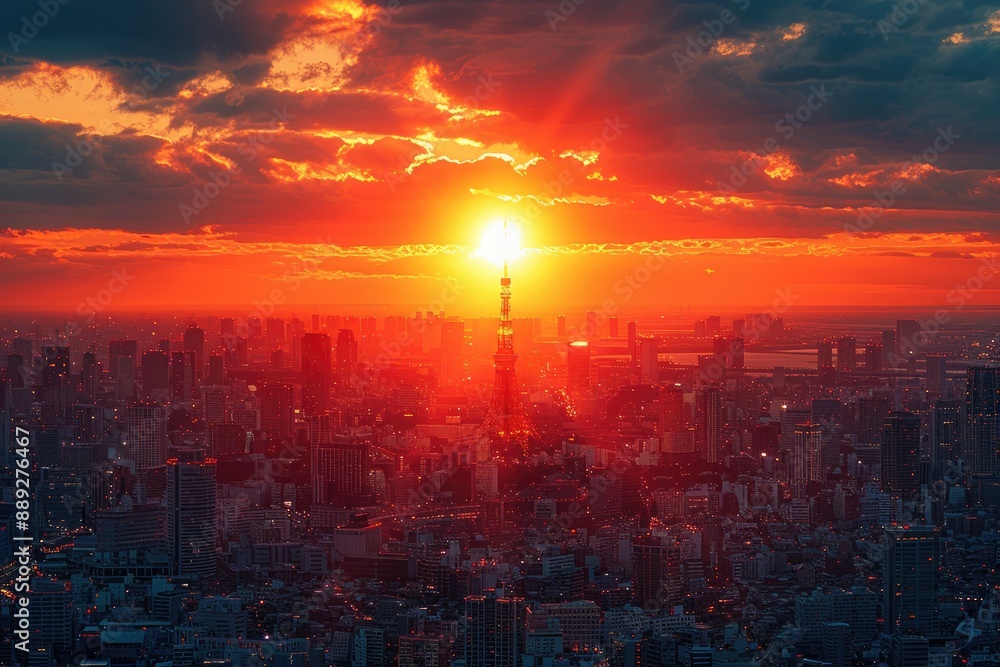 Sunset over Tokyos cityscape with a fiery red sky Sunset over Tokyos cityscape with a fiery red sky