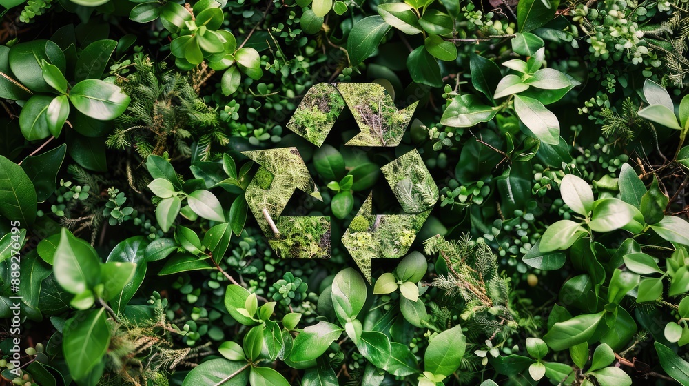 Eco concept :Wood texture Recycle icon on green leaves wall Eco concept :Wood texture Recycle icon on green leaves wall
