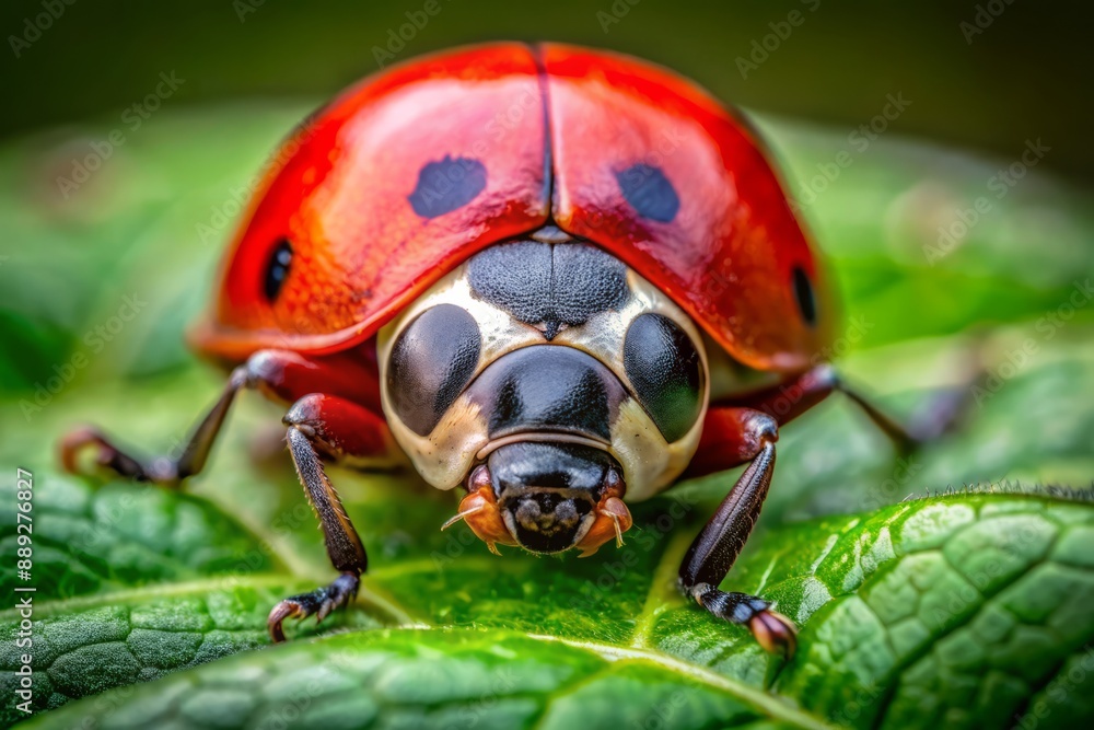 Vibrant red ladybug with intricate details and shining eyes rests on a fresh green leaf, its wings folded, posing for a stunning close-up portrait. Vibrant red ladybug with intricate details and shining eyes rests on a fresh green leaf, its wings folded, posing for a stunning close-up portrait.