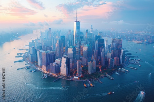 Breathtaking cityscape of Manhattan skyscrapers at dawn with river and bridges photo