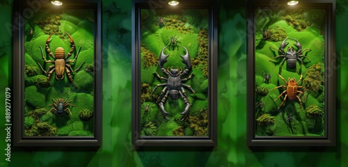 Three frames featuring creepy crawlers on a moss green wall, spotlights enhancing their spooky appearance. photo