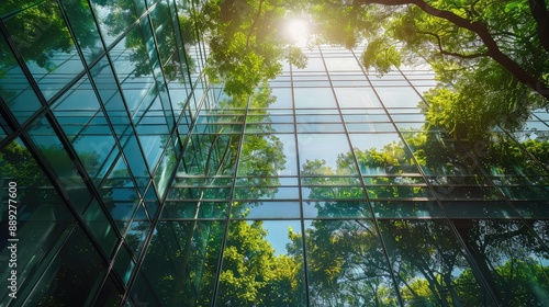 Reflection of modern building on glass with sunlight. Eco architecture. Green wood and glass office building. The harmony of nature and modernity.