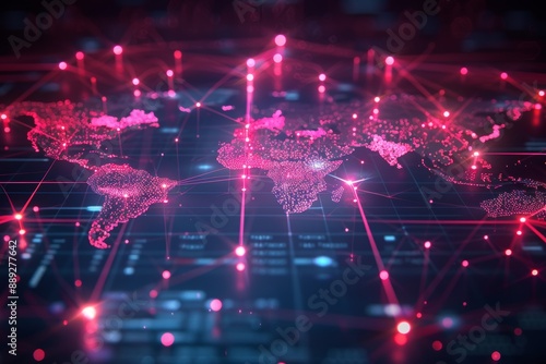 Glowing red digital world map with circuit board and binary code background