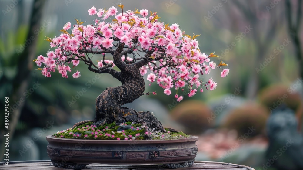 Serene cherry blossom bonsai tree with delicate pink flowers in a zen garden Serene cherry blossom bonsai tree with delicate pink flowers in a zen garden