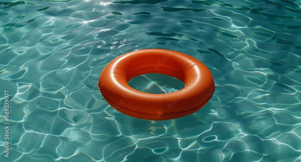An orange swimming pool ring floats in blue pool water. Vacation concept. An orange swimming pool ring floats in blue pool water. Vacation concept.