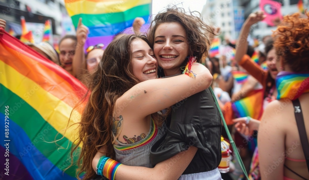 Fototapeta premium LGBTI Pride Week In their show, two women hug and kiss each other
