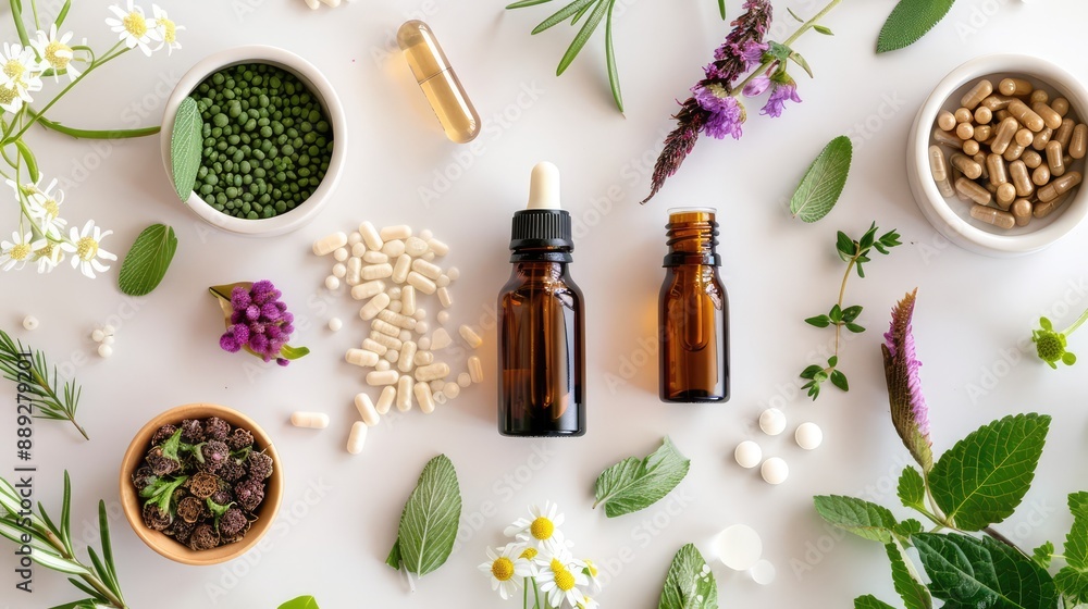 Amber glass, dropper bottles with plants and flowers around. Natural homeopathic remedies for diseases Amber glass, dropper bottles with plants and flowers around. Natural homeopathic remedies for diseases