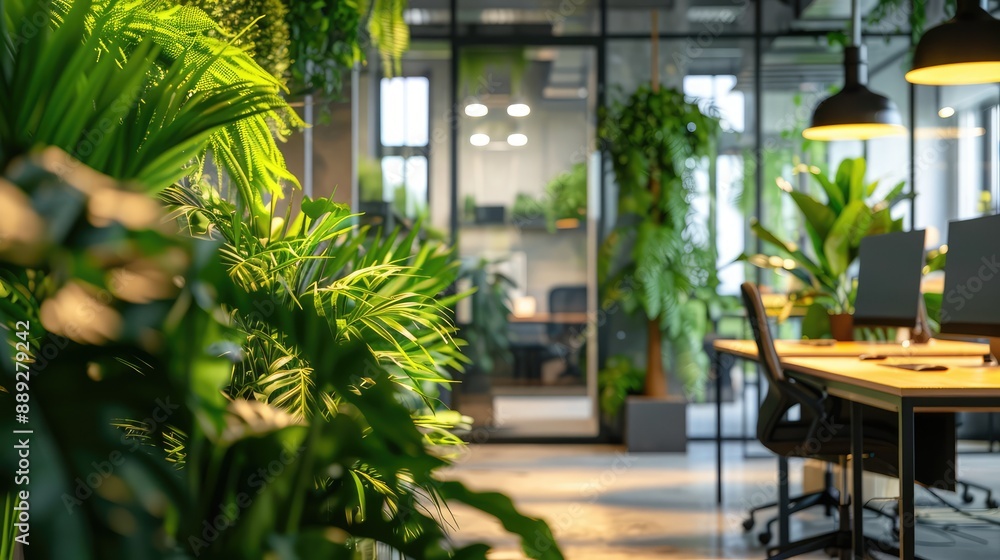 Office space surrounded by lush green plants. Office space surrounded by lush green plants.