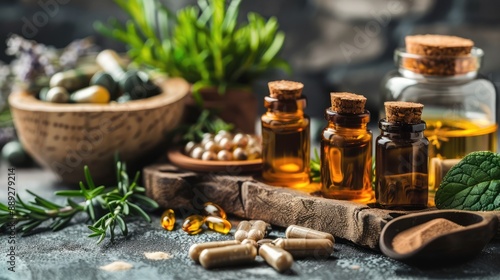 Amber glass dropper bottles surrounded by plants and flowers, representing natural homeopathic remedies and herbal treatments for wellness and healing. AI generated illustration.