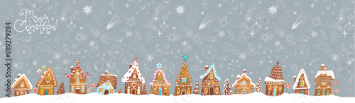 Christmas greeting card with cute gingerbread houses on grey background with stars. Vector illustration with christmas village under the starry sky