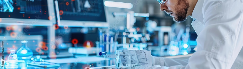 A scientist wearing a lab coat and safety glasses works in a modern laboratory. He is looking at a tablet and there are test tubes and other equipment on the table. A scientist wearing a lab coat and safety glasses works in a modern laboratory. He is looking at a tablet and there are test tubes and other equipment on the table.
