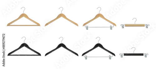 Clothes hanger isolated on white background. Wooden hanger Realistic vector clothes hanger wooden hanger closeup isolated on background. Design template, clipart or layout for graphics. Vector