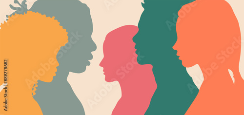 Abstract profile silhouette of multicultural people group. Mental development of child and teenager, racial equality, tolerance, discrimination concept