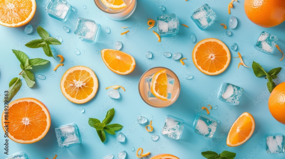 Fresh fruit lemonade with sparkling water and ice cubes, summer lemonade orange drink, flat lay, top view, generated stock. Fresh fruit lemonade with sparkling water and ice cubes, summer lemonade orange drink, flat lay, top view, generated stock.