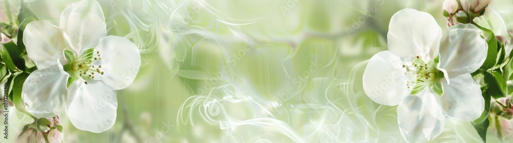 Fototapeta premium A summer wallpaper of cherry flowers with isolated flowers on a green background, spring-like white flowers on a green background, and cherry flowers on a summer wallpaper with isolated flowers.