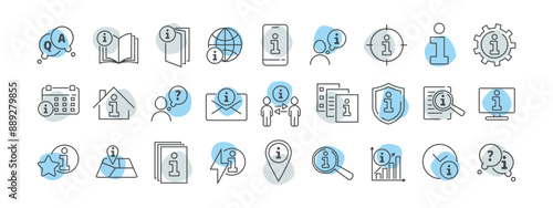 Information center line icon set. Guide, manual, help, hint, answer, tutorial, booklet, leaflet, search, settings, web, book, flyer, reception vector illustration. Editable Stroke.