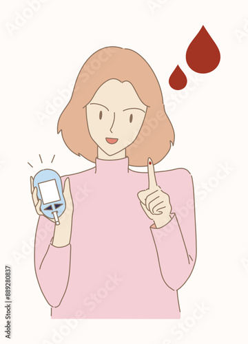 Woman holding glucometer,  measuring blood in diabetic patient. Testing blood for glucose, sugar level. Hand drawn flat cartoon character vector illustration.
