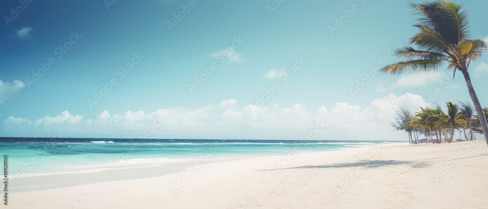 Fototapeta premium Serene Tropical Beach Escape: Sun, Sand, and Palms