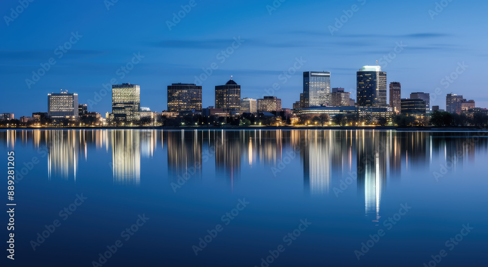 Obraz premium Serene Twilight Cityscape Reflection