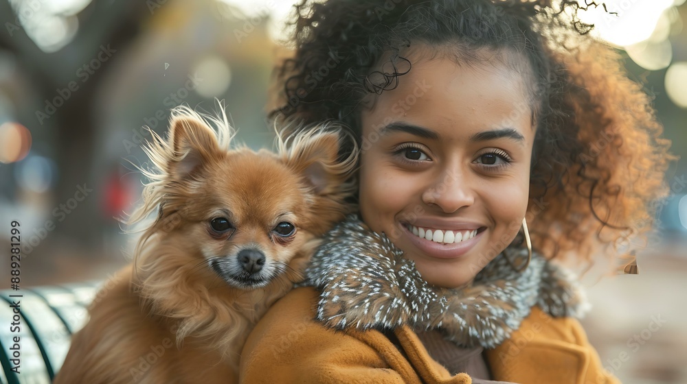 A beautiful young woman sitting on a park bench, cuddling a small dog in her arms and smiling warmly A beautiful young woman sitting on a park bench, cuddling a small dog in her arms and smiling warmly