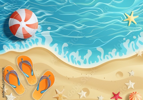 Hello Summer water surface background modern. Blue sea hand drawn seascape design of ocean, sea, pool, swim ring, beach ball, palm leaf. Tropical summertime illustration for cover or promotion.