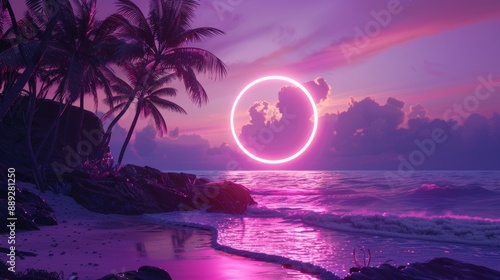 Tropical background illustrated in neon light with palm trees and the sun in a retro style.