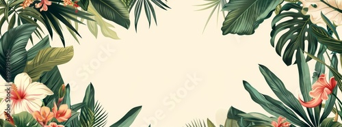 Stunning tropical floral background with vibrant flowers and lush green palm leaves. Bokeh effect. Colorful botanical wallpaper. Wide banner. Design mockup. Summer vibes.