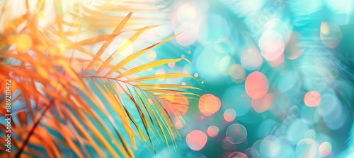 An eye-catching summer tropical background with colorful palm leaves and bokeh effect. Fresh botanical wallpaper with soft hues. Festive mood. Summer vibes. Wide banner. Copy space. Mockup for