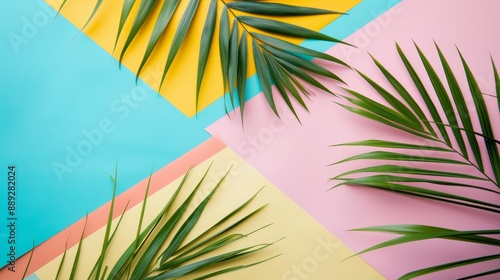 A bright tropical background with exotic painted tropical palm leaves is the backdrop to this flat lay. Stock Photo