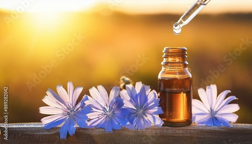 Cichorium intybus, chicory, Bach flower essence floral, glass pipette, transparent drop, brown bottle, nature, edward bach, emotion, selfish, possessive love, floral therapy, sun, sunshine
