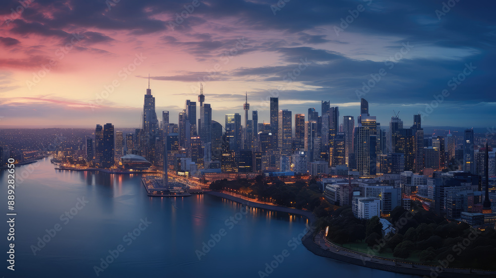 Fototapeta premium Vibrant City Skyline at Sunset