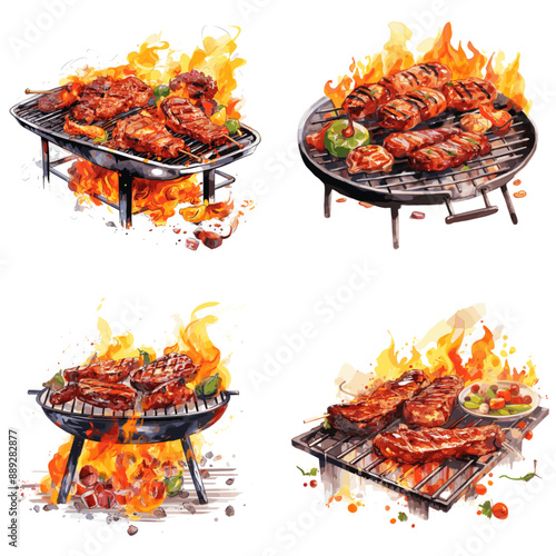 Four different pictures of meat on a grill