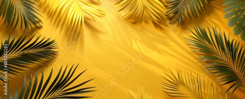 3D illustration of a tropical palm branch on a colorful summer background with copy space.
